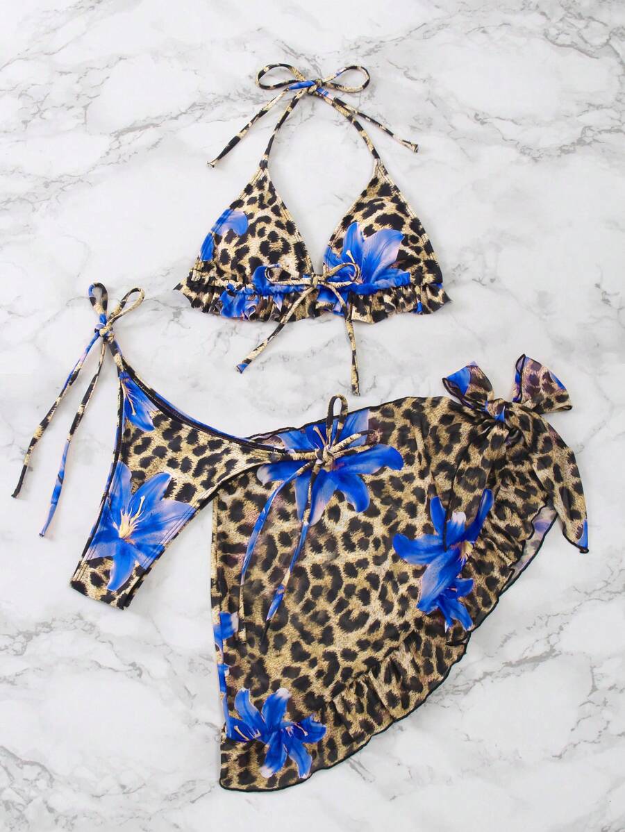 Set da bagno composto da 3 pezzi: 1 bikini con lacci su spalla, petto e fianchi, e 1 vestito da spiaggia in tessuto a rete con volant, adatto per primavera, festival boho