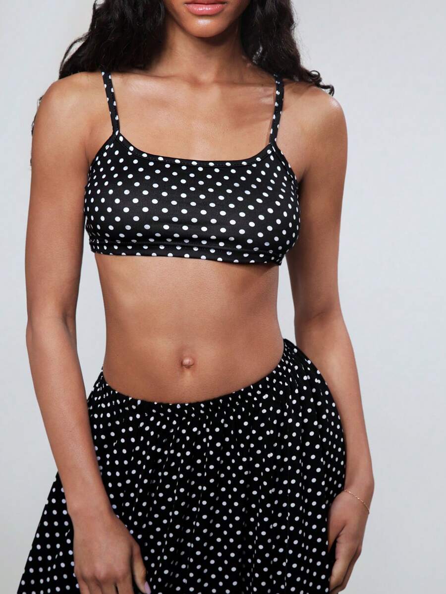 Flirla Set de 2 piezas con camiseta de tirantescortay falda larga de línea A con estampado de lunares de estilo de resort de primavera/verano