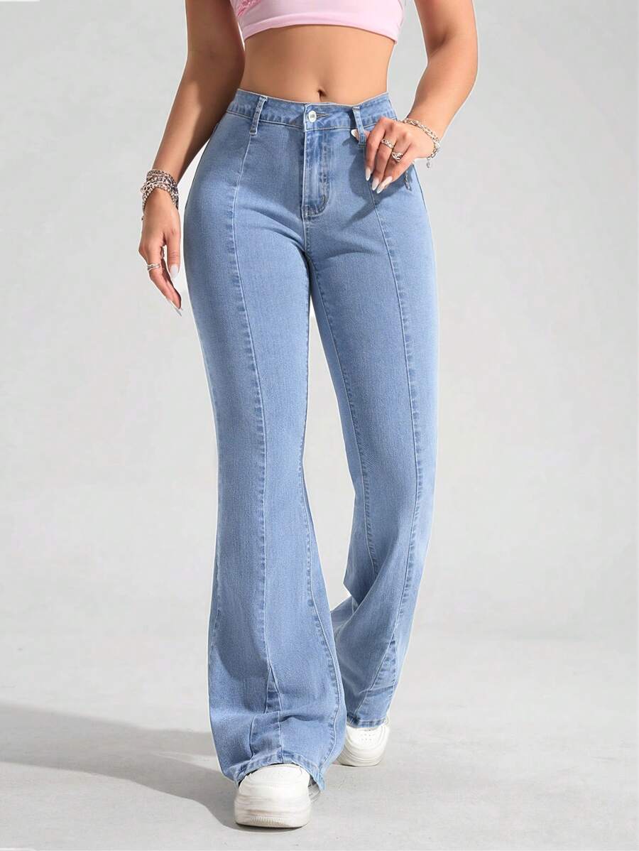 SHEIN PETITE Women's Casual Washed Skinny Flare Jeans