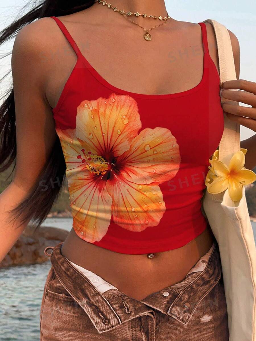 SHEIN EZwear Top tipo camiseta de mujer con estampado tropical de flores, casual, para playa, vacaciones, versátil, sexy