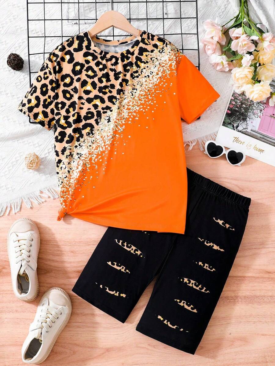 2 Stücke/Set Kontrast farbiges Leoparden Muster T-Shirt mit kurzen Ärmeln & Shorts Set für Teenager Mädchen