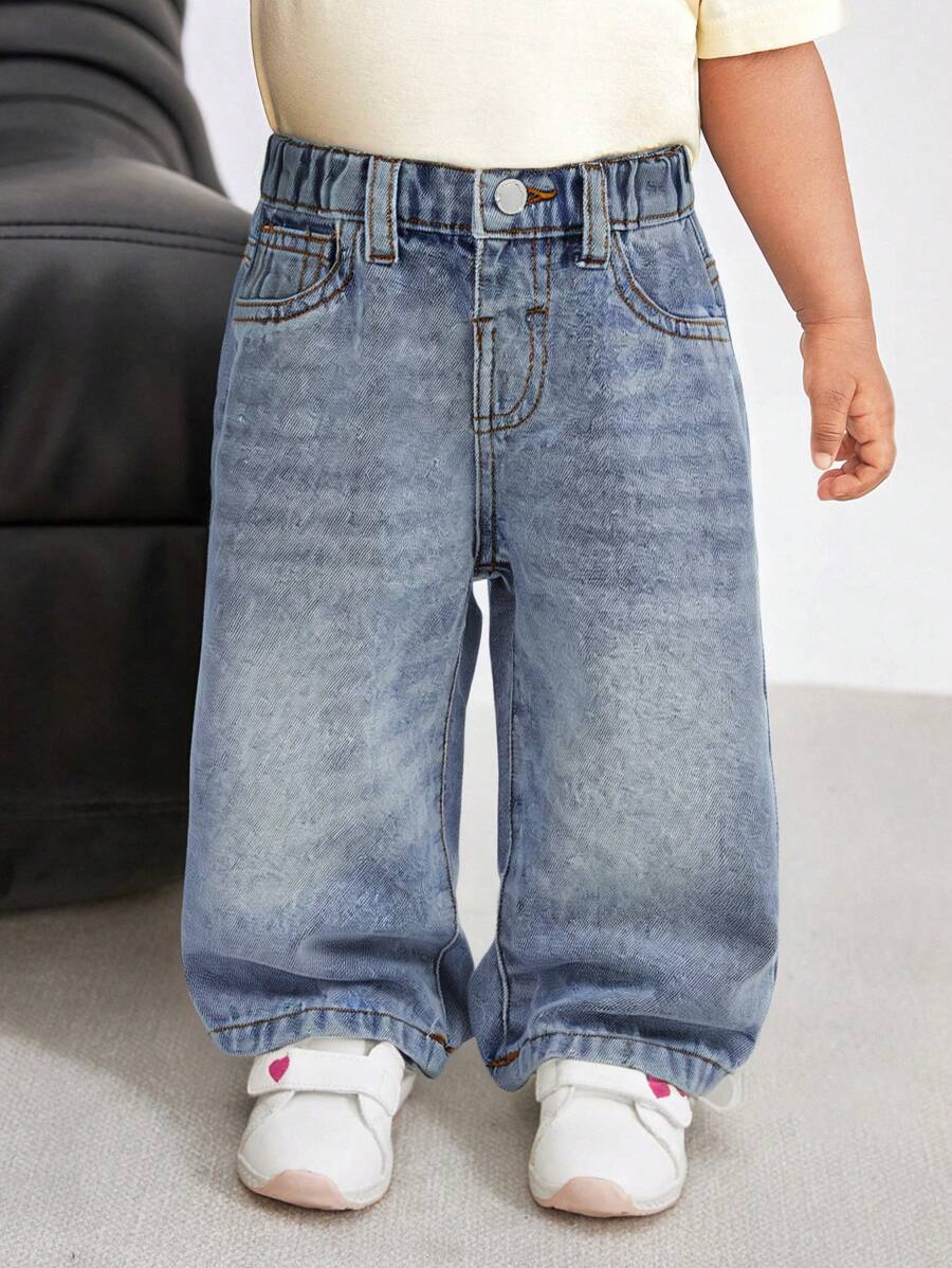 SHEIN Baby Girls' Vintage Blue Denim Wide-Leg Pants