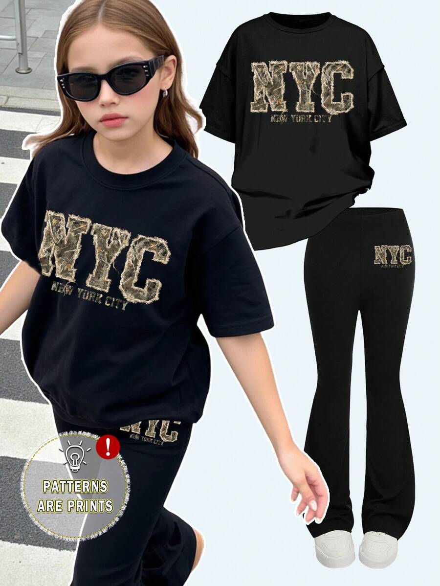 SHEIN 2 sztuki/zestaw Tween Girls Casual Camo & Dry Branch Print Krótki rękaw Top i spodnie Zestaw, odpowiedni na lato