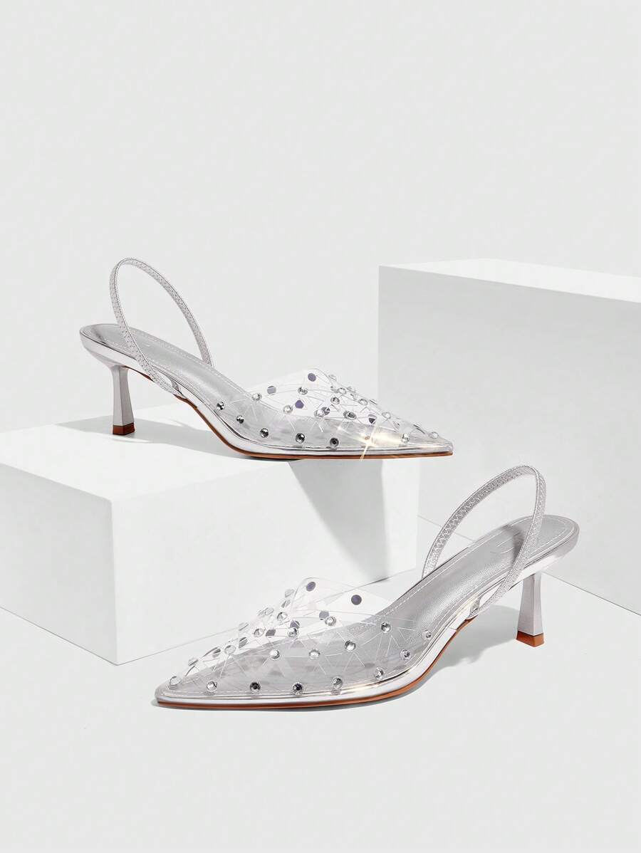 SHEIN X Belle Mariano CUCCOO SZL Bailarinas de tacón bajo con punta puntiaguda, decoradas con cristales, diseño hueco, en color plateado, adecuadas para ir al trabajo, citas, fiestas, bodas y vacaciones