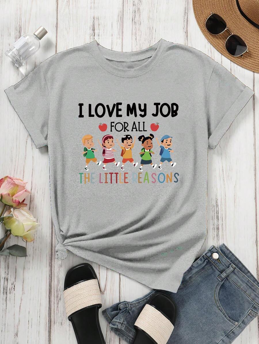 INAWLY Camiseta de manga corta y cuello redondo casual de mujer con gráfico impreso "Amo mi trabajo por todas las razones", camiseta gráfica del Día del Maestro de verano para mujeres