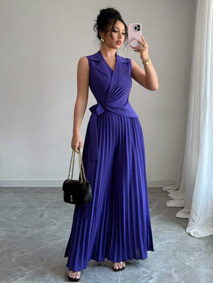 Gloray 2pcs/Set Suit Collar Sleeveless Tie V-Neck Top With High Waist Pleated Pants
