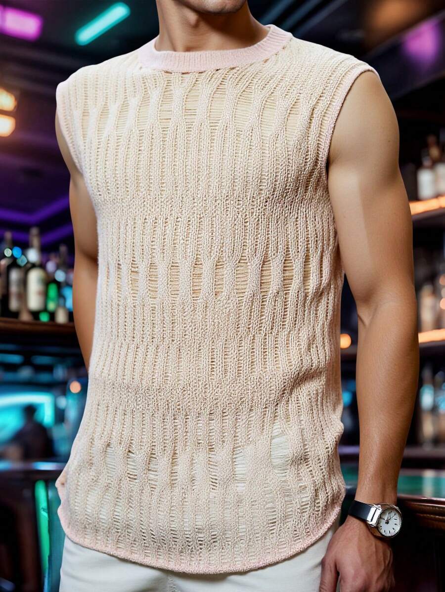Manfinity Fever City Men's Solid Color Round Neck Hollow Out Sleeveless Knitted Top