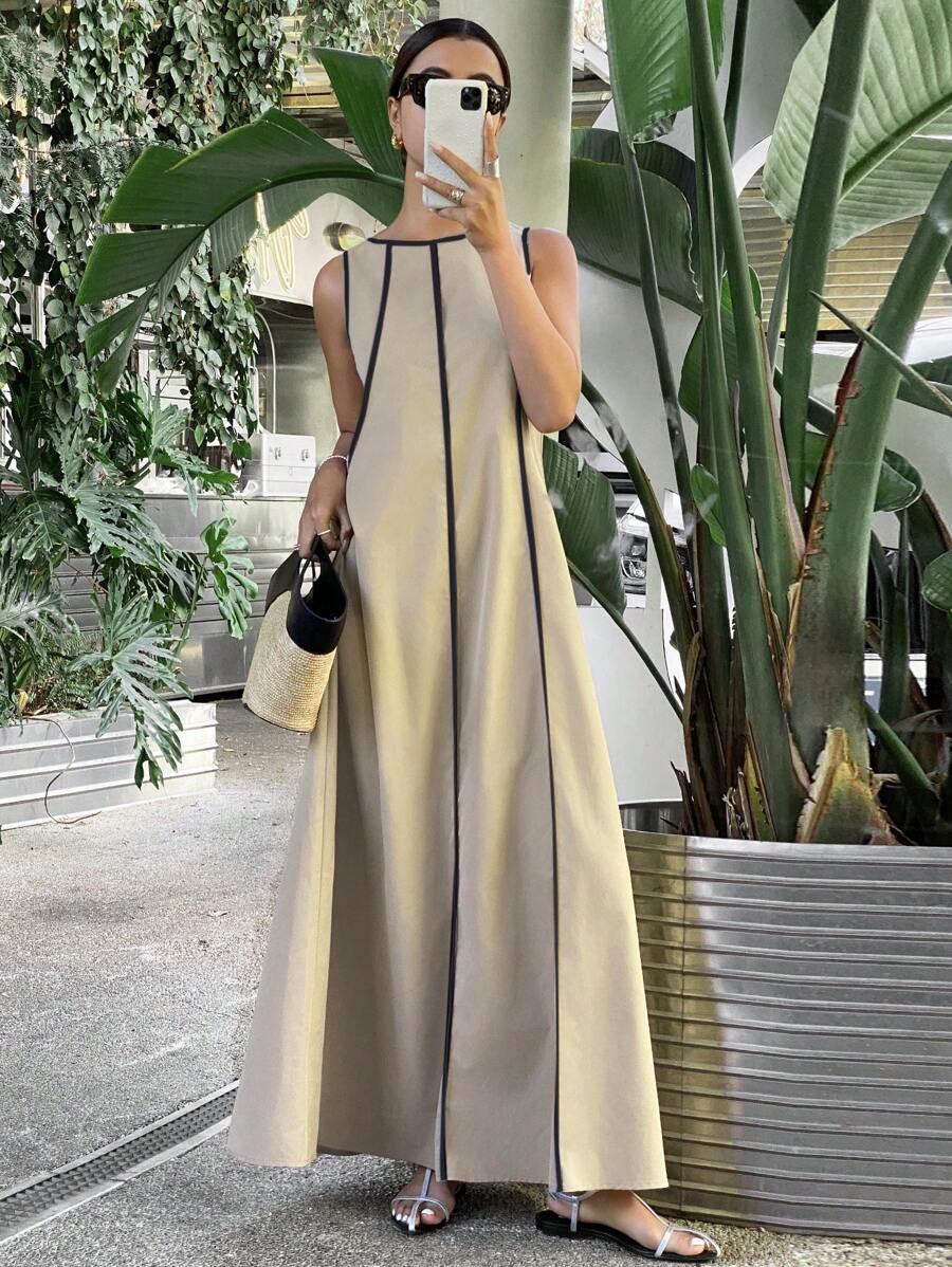 Serisse Women's Solid Color Sleeveless Loose Long Dress, Color-Conflicting Panels Extra Long Dresses,Summer Dresses For Women