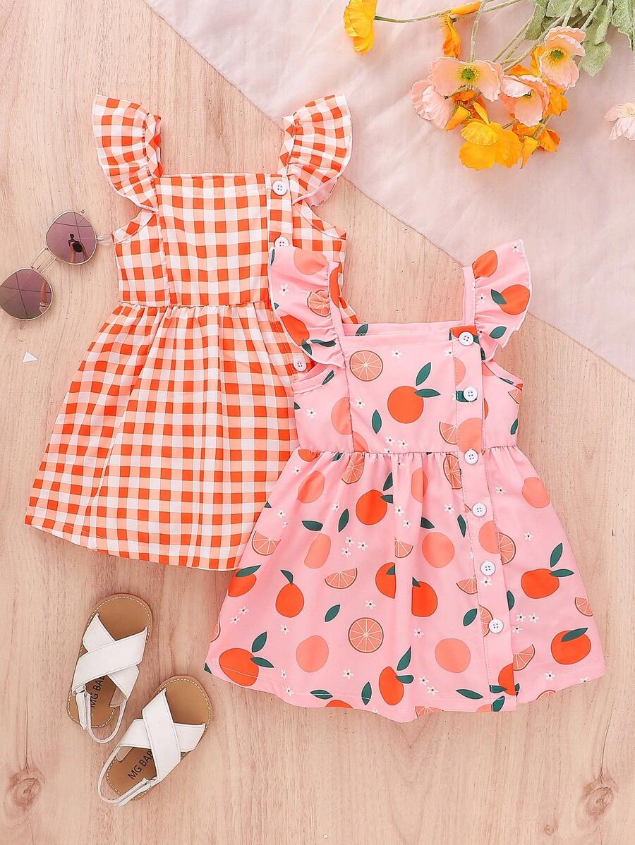 SHEIN 2pcs/Set Baby Girl Plaid And Floral Print Cap Sleeve Button Down Dress, Cute Summer Vacation