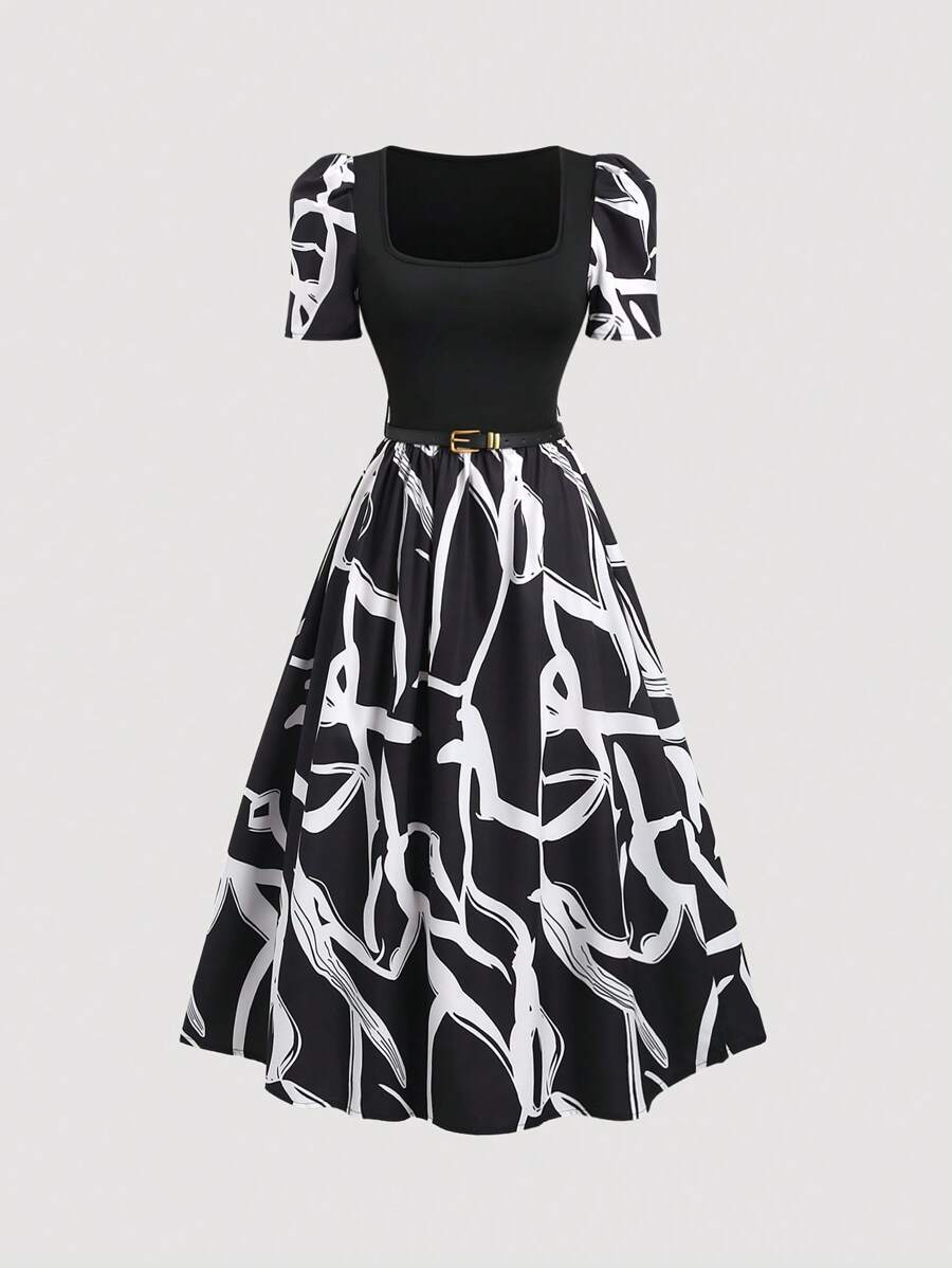 SHEIN Clasi Abito midi con vita arricciata e linea ad A in stile retrò francese, di alto livello, in stile europeo e americano