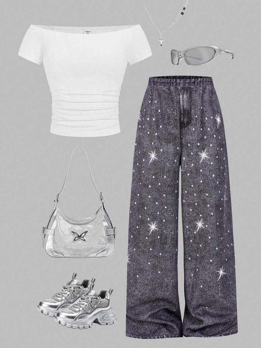 Lunivi Y2K Style Teen Girl 1 Set: Solid Color Off Shoulder Knit Top + Denim Effect Rhinestone Loose Wide-Leg Pants