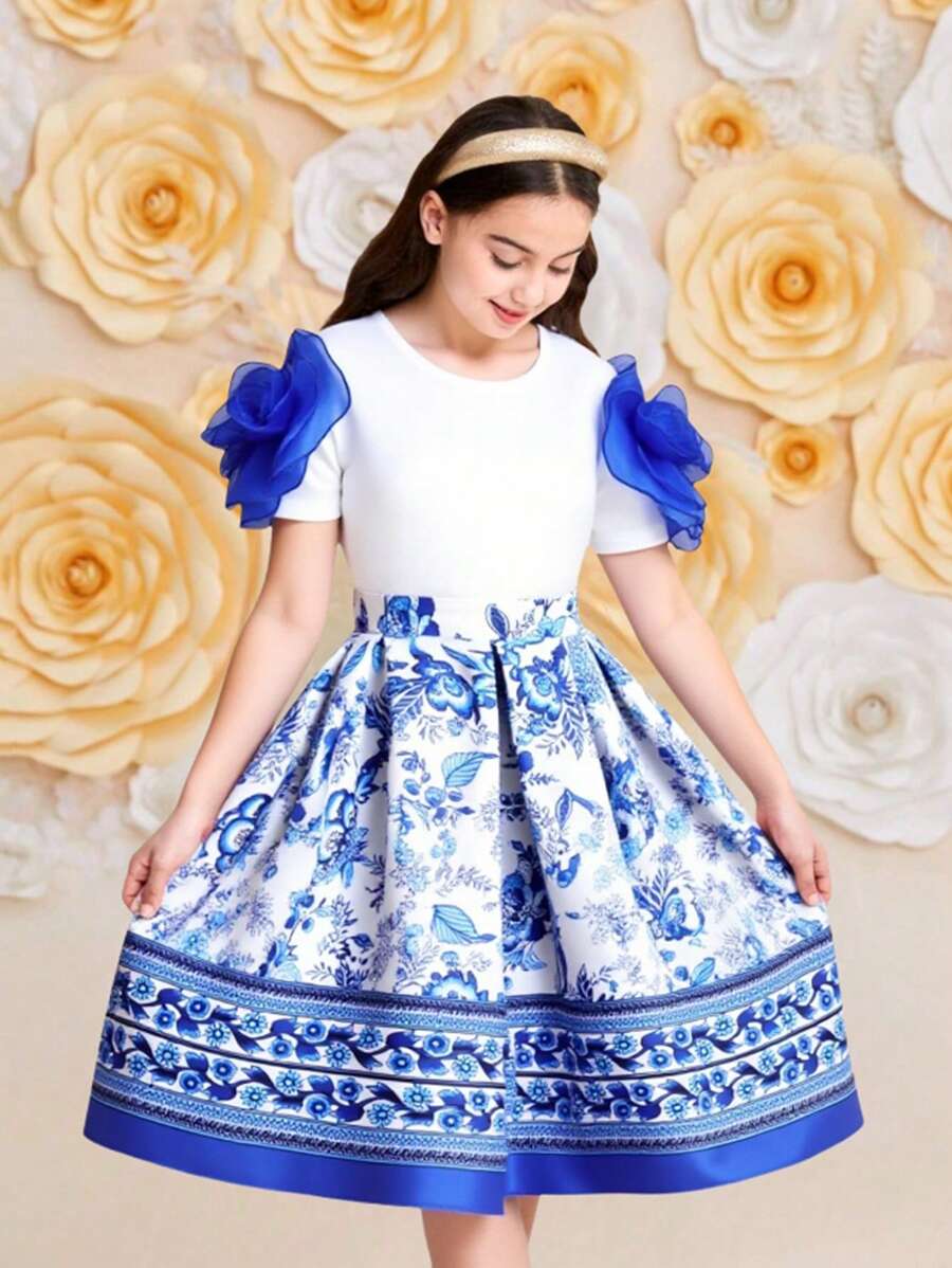 Meisjes vintage jurk met bloemenmouwen en ruches set