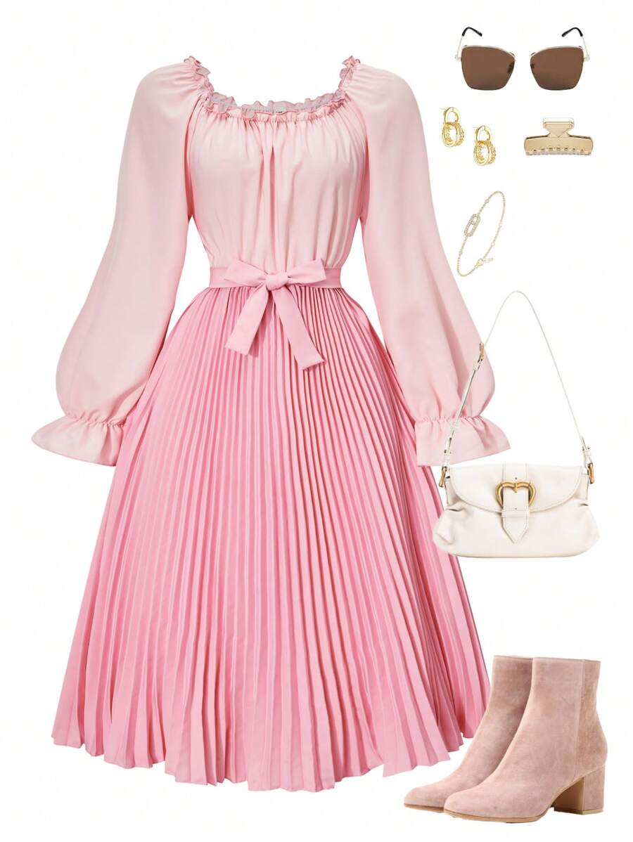 SHEIN Teen Girls' Colorblock Ruffle Trim Square Neck Long Sleeve Pleated Hem Elegant Dress
