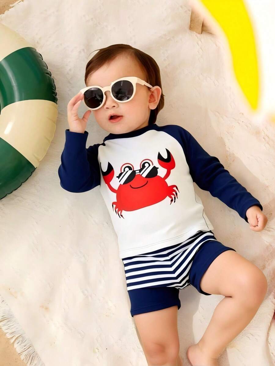 SHEIN 2pcs/Set Baby Boy Swimwear, Cute Cartoon Shark Print Colorblock Long Sleeve Knit Rash Guard And Swim Trunks, Swimsuit Set