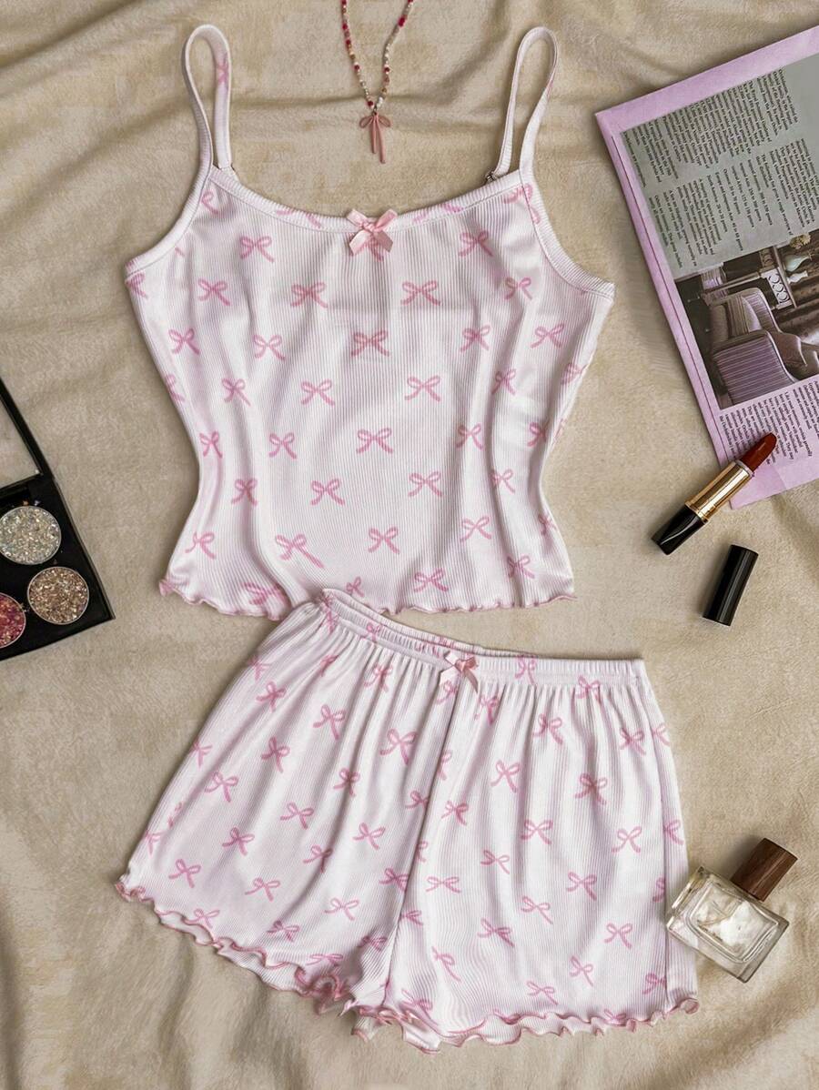 SHEIN Teen Girl Butterfly Accent Pink Cami Top And Shorts Set, Cute/Sweet/Clean Style, Comfortable Homewear, Clothes Suitable For Casual Wear, Back To School