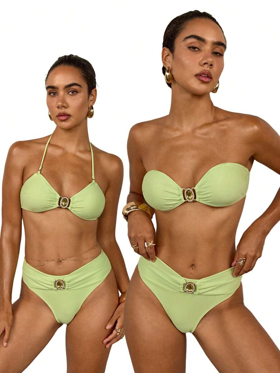 Swim Lushoire Women's Luxury Sexy Diamond Decor Bandeau Bikini Set