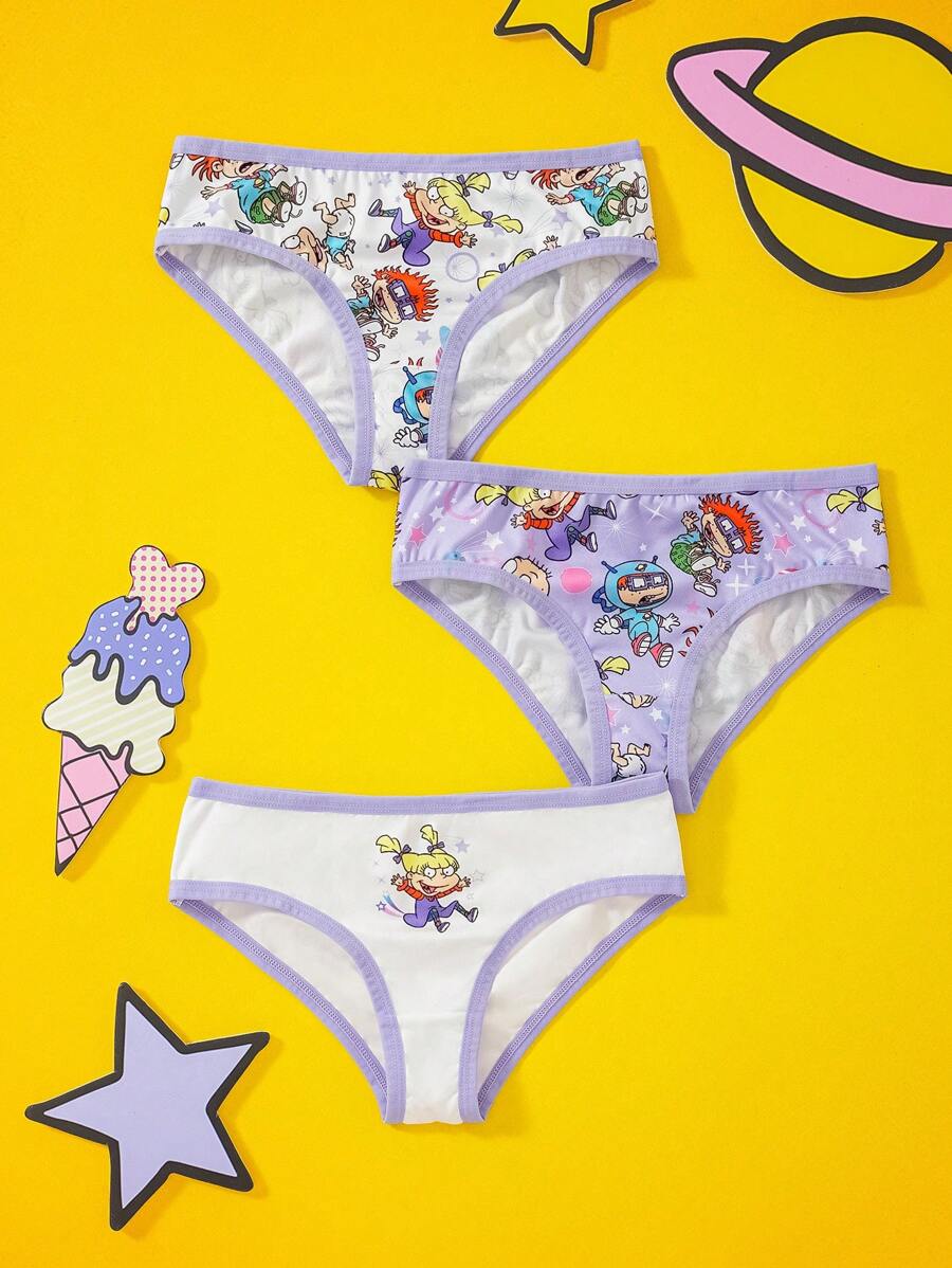 Nick 90s X SHEIN 3pcs Young Girl Purple Cute & Comfortable Cartoon Print Contrast Piping Trim Triangle Panties,Basic Casual Briefs