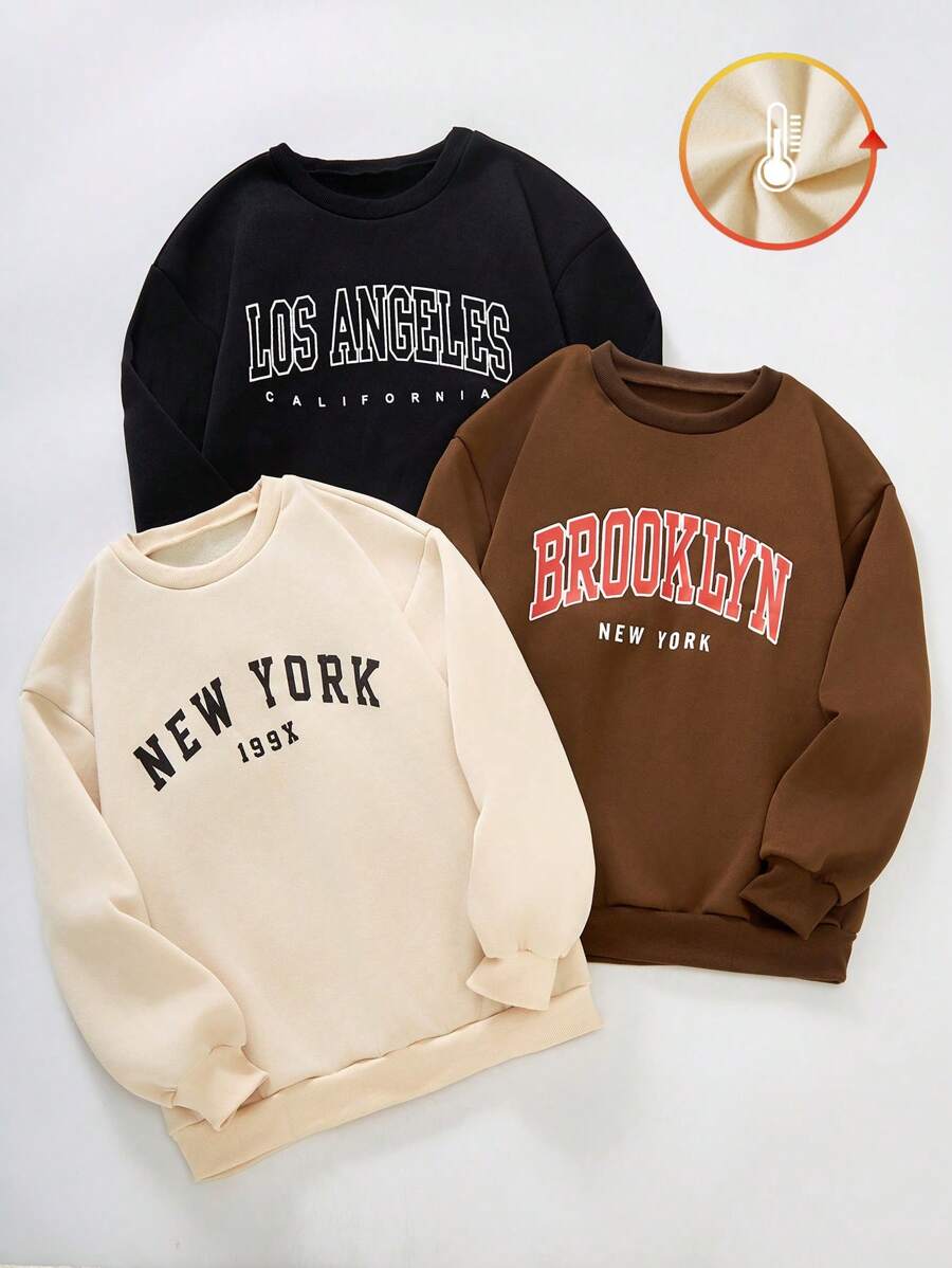 3pcs/Set Teen Boy Casual Loose Letter Print Round Neck Long Sleeve Sweatshirt, Autumn