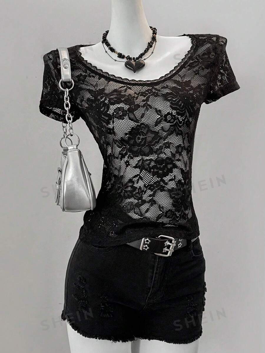 SHEIN EZwear Blusa negra de encaje con cuello redondo y mangas cortas ajustada para mujer