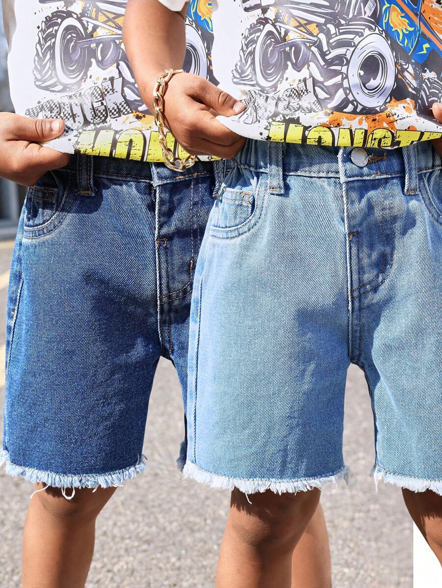 SHEIN Set de 2 pantalones cortos vaqueros de pierna recta con ajuste holgado, acabado lavado y deshilachado, con bolsillos, para niños pequeños en estilo casual de verano. Conjunto de ropa primavera/verano para la temporada de vacaciones de primavera.