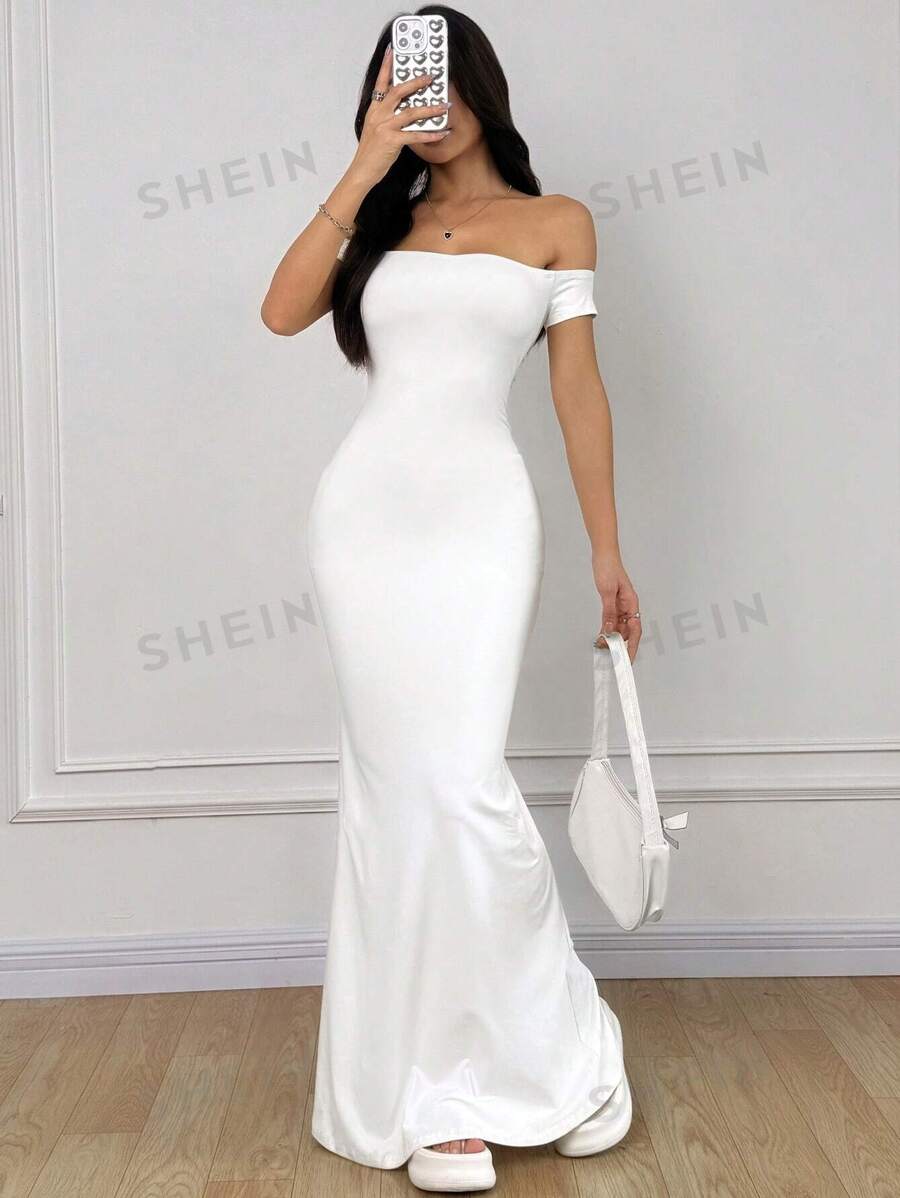 SHEIN EZwear Elegante vestido largo de sirena blanco con hombros descubiertos y ajustado para mujeres, vestido de verano, atuendos para vacaciones, playa, Y2K, festival de música