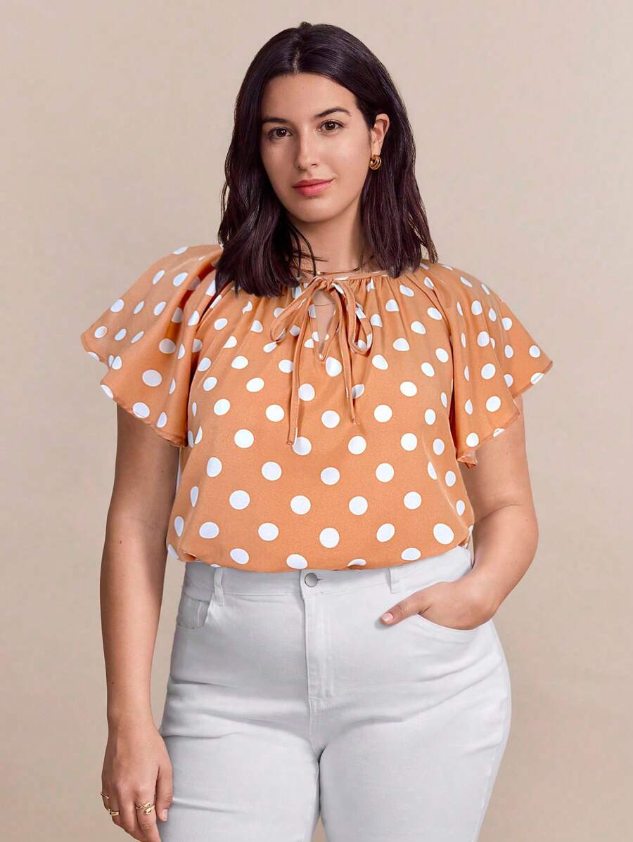 SHEIN Clasi Plus Size Women Dot Print Tie Neck Ruffle Sleeve Blouse