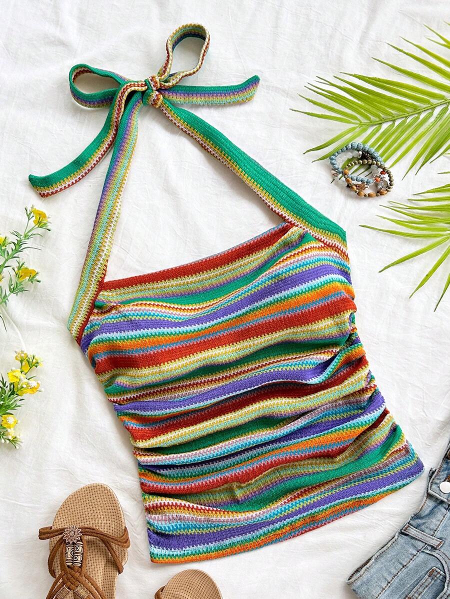 Soleia Top alla cravatta da donna con blocchi di colore a righe, outfit da vacanza aderente, adatto per vacanza, appuntamento, tè pomeridiano, festival musicale, stile bohémien retrò