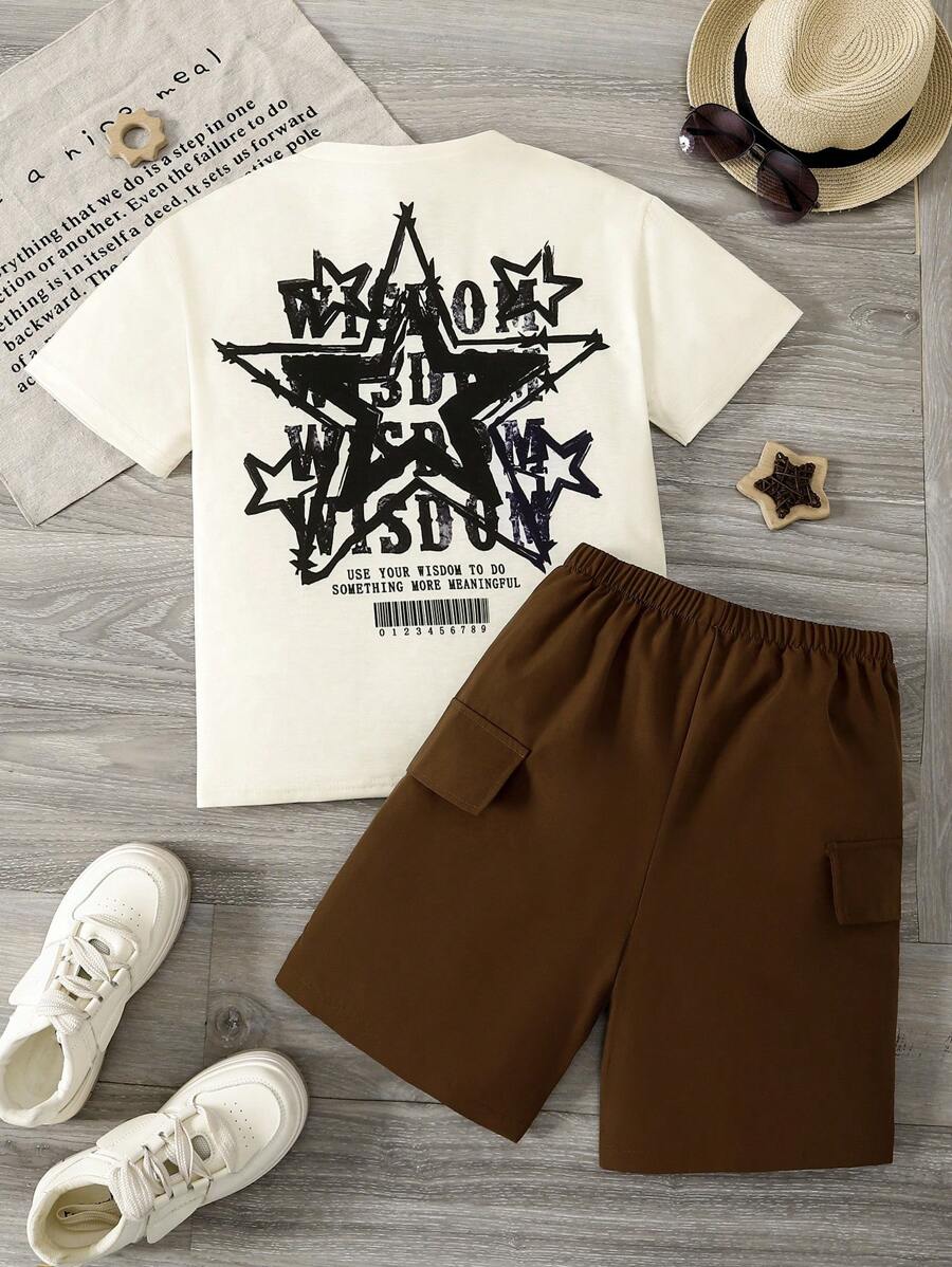 Colección nueva primavera y verano 2025 de 2 piezas para niños preadolescentes: Top con estampado de estrella color albaricoque y pantalones marrones, adecuado para uso diario, juegos al aire libre, vacaciones familiares y reuniones