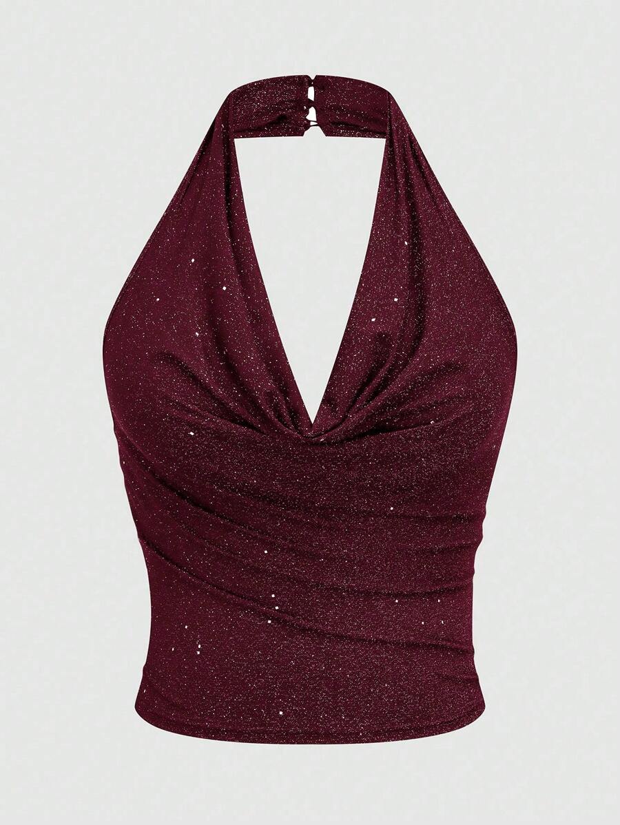 Sweetra Top halter con cuello drapeado brillante para mujer talla grande