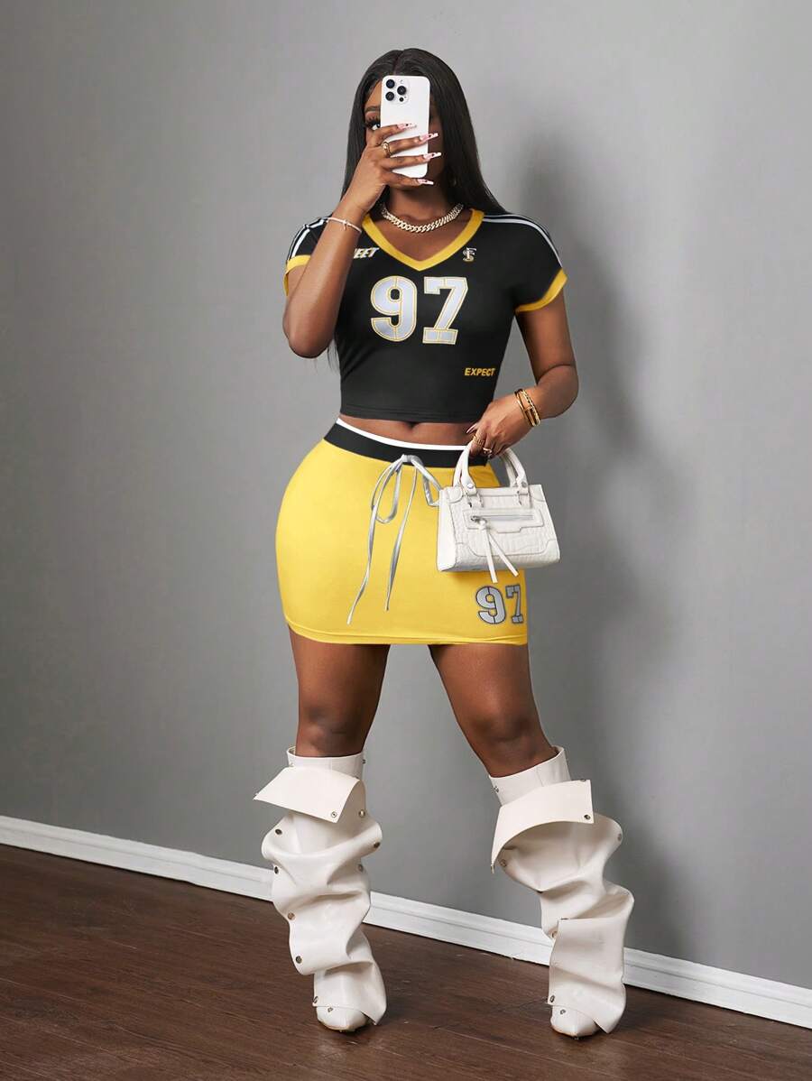 Slaydiva Casual, Simple, Versatile Women's Set For Spring/Summer, Suitable For Music Festivals, Easter, Nashville, Birthday Parties, Graduation, Daily Outings, Vacation, Cruise Travel, Beach, Sunbathing, Streetwear, Featuring Numeric, Lettering, Color Blocking Prints, Student Wear, Back To School