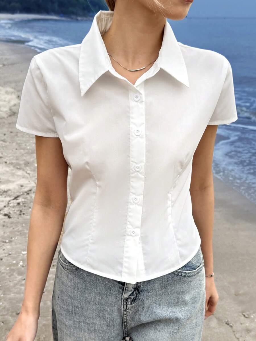 SHEIN EZwear Women's Solid Color Short Sleeve Button Front Collared Casual Top, Everyday Wear