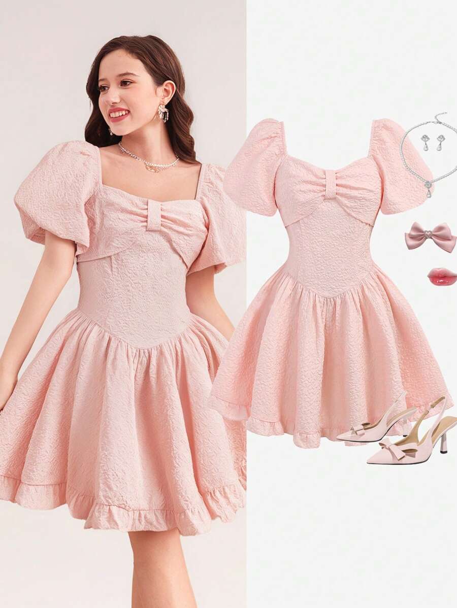 Girlism Teen Girl Retro Ruffled Hem Bowknot Decor Puff Sleeve A-Line Dress, Ruffle Waist Gathered, French Style, Pink, Suitable For Spring/Summer, Vacation, Party, Birthday, Holiday