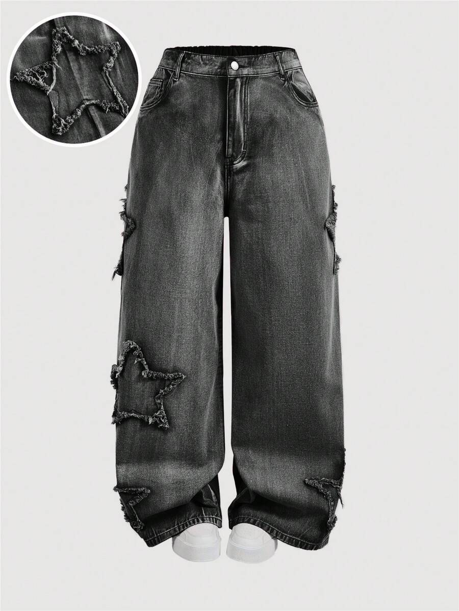 SHEIN MOD Plus Size Women Frayed Edge Star Pockets Wide Leg Loose Casual Jeans