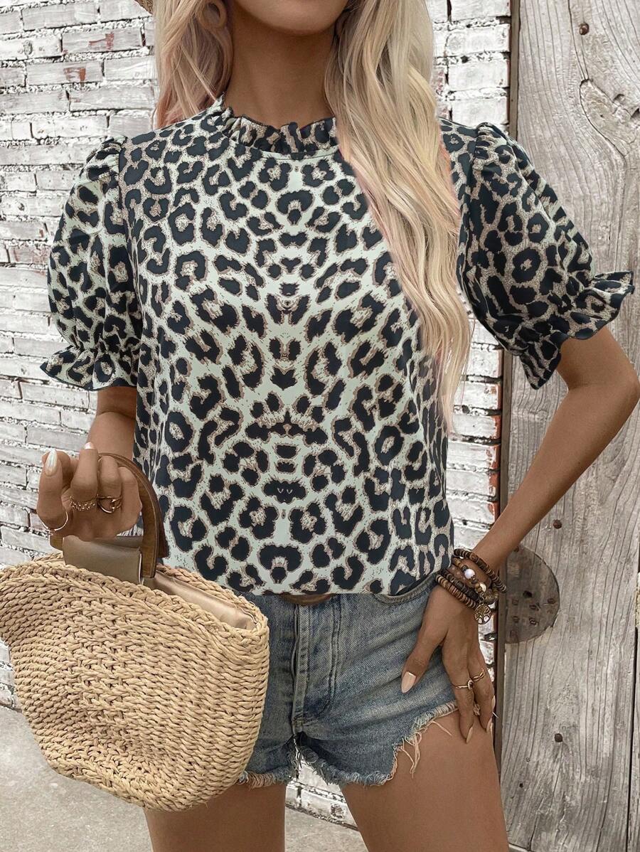 SHEIN LUNE Camicia casual con colletto a balze e maniche a sbuffo con stampa floreale