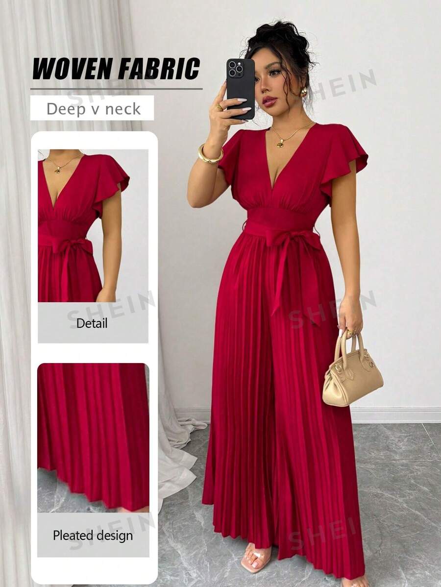 Elenzga Nuevo mono para mujer con cuello en V, mangas campana con volantes, pierna ancha fruncida, estilo ceñido y acampanado, para uso casual, viajes, fiestas, citas, elegante y de ajuste ceñido
