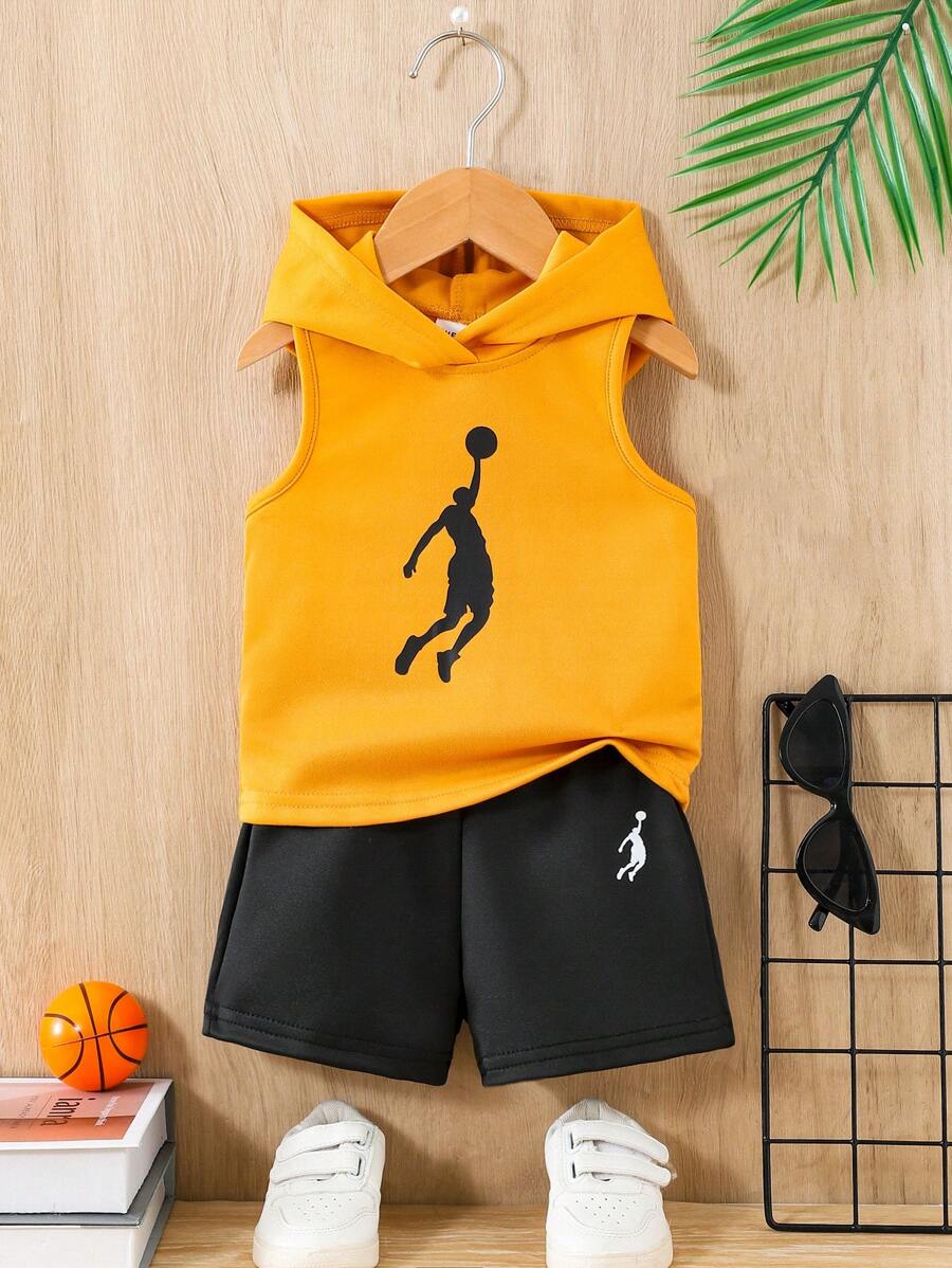 SHEIN 2Pcs Newborn Baby Boys Casual Sports Hooded Vest & Shorts Set,Fashion Street Style,Soft Knit Fabric,Suitable For Outdoor Activities And Sports, Spring/Summer