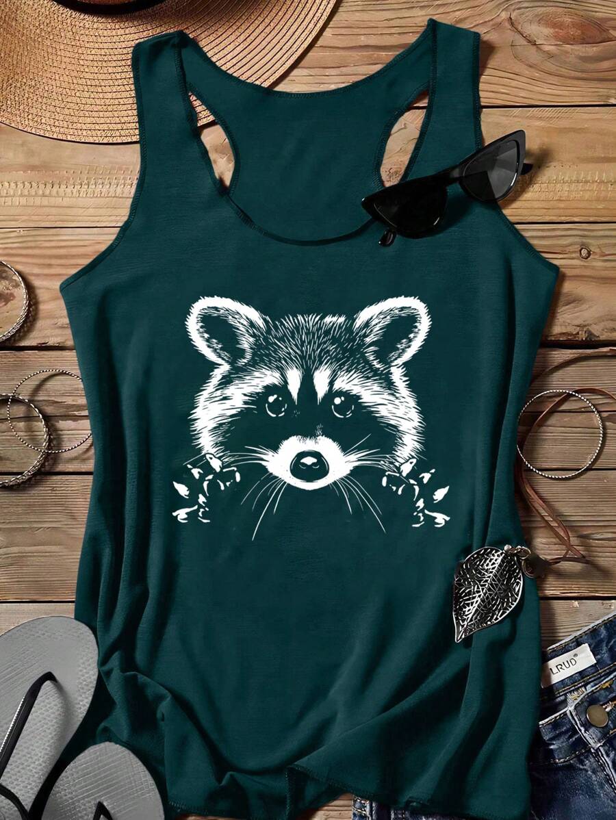 SHEIN LUNE Cute Raccoon Pattern Casual Women Tank Top, Summer