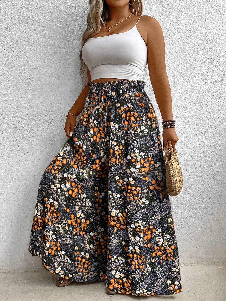 SHEIN LUNE Pantaloni palazzo larghi a vita alta con laccetto e motivo floreale ditsy, per look vacanziero di taglie comode