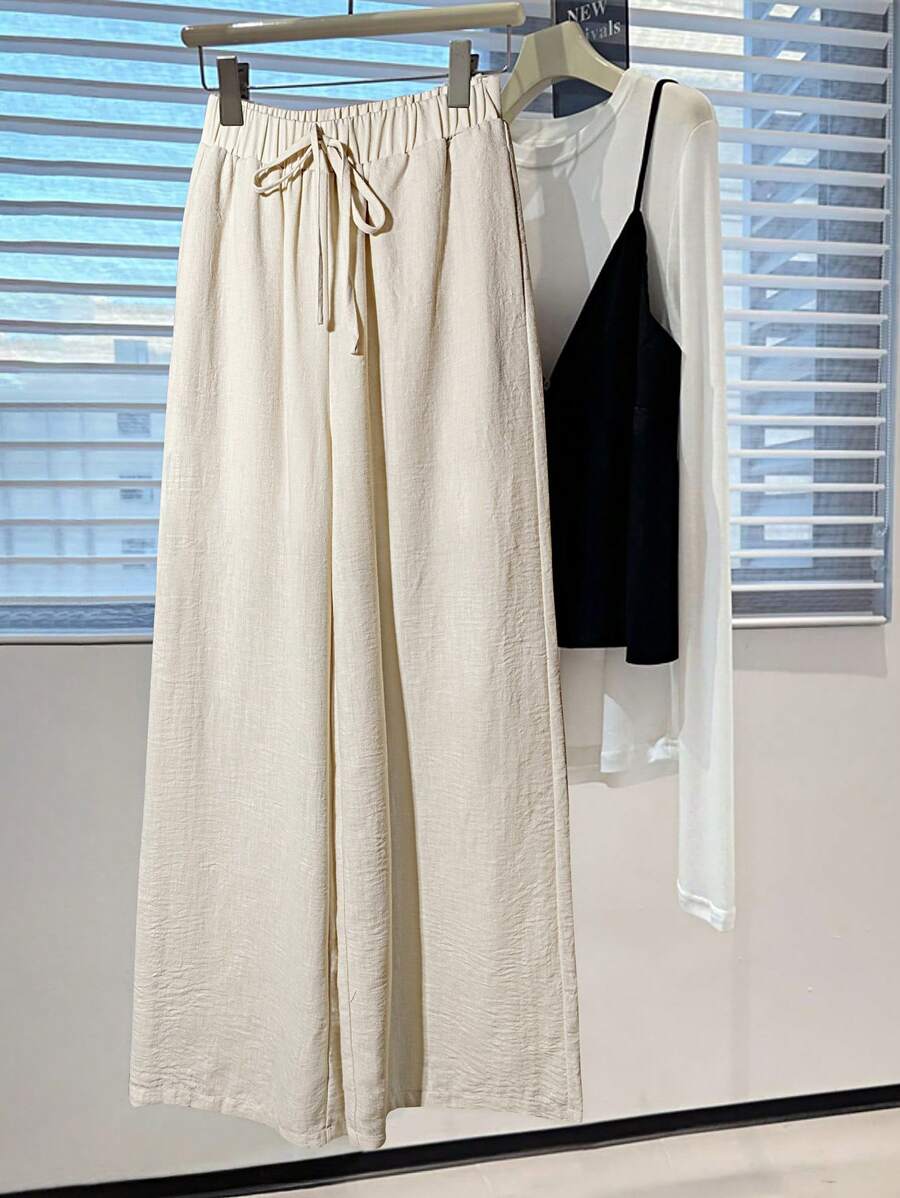 Chiquease Women's Plain Linen-Feel Wide Leg Pants, Casual Spring/Summer