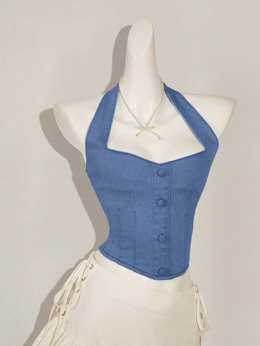 SHEIN MOD Damskie, obcisłe, elastyczne, jeansowe topy typu halter, niebieskie