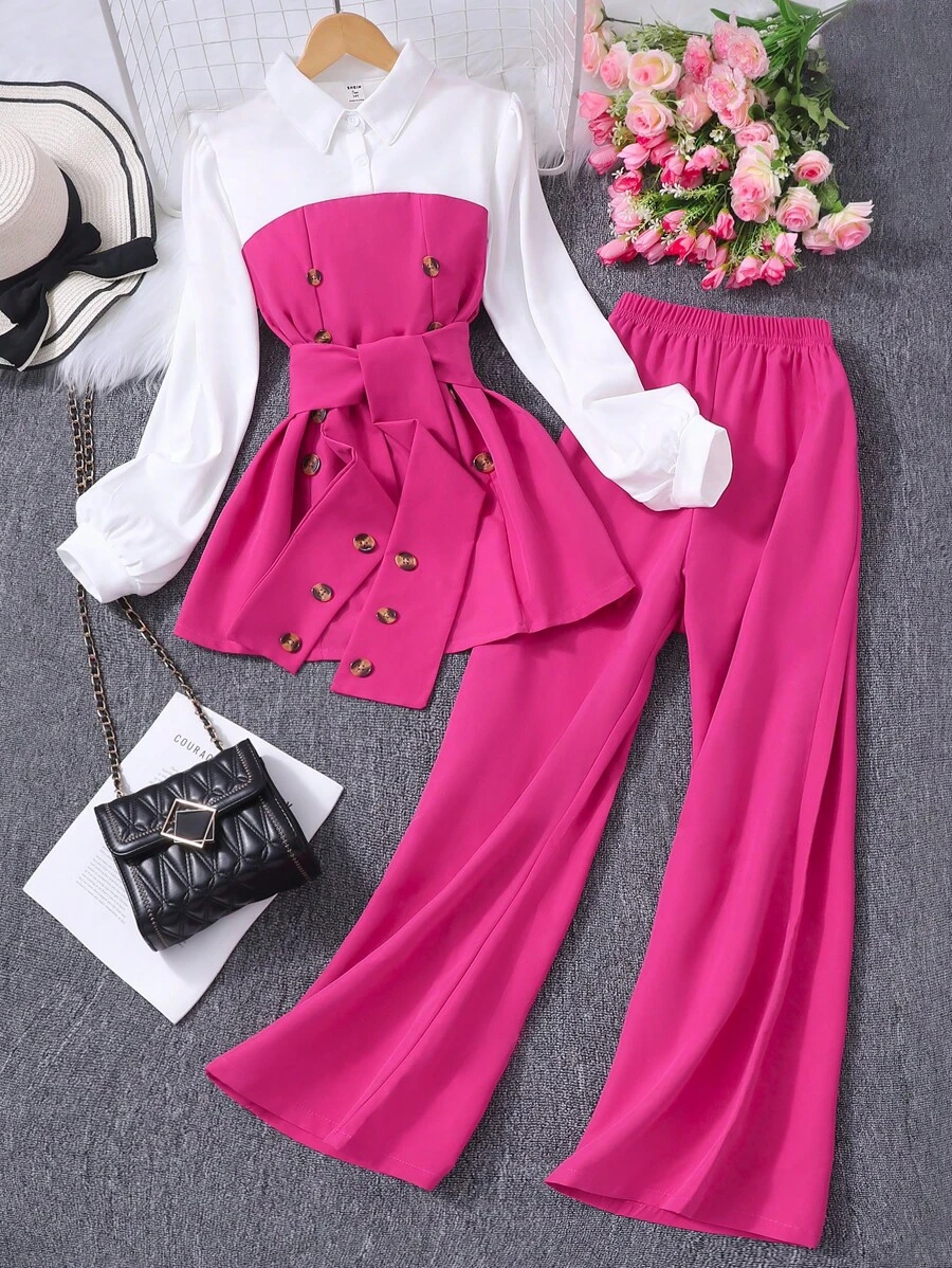 Teenage Girls 2pcs Set: Collared Patchwork Top With Belt And Solid Color Pants