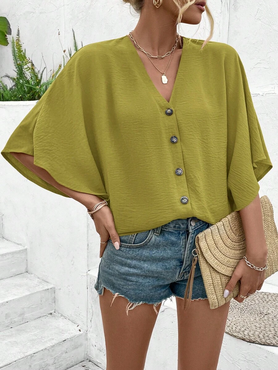 Breezaya Women'S V-Neck Batwing Sleeve Blouse Women Shirt