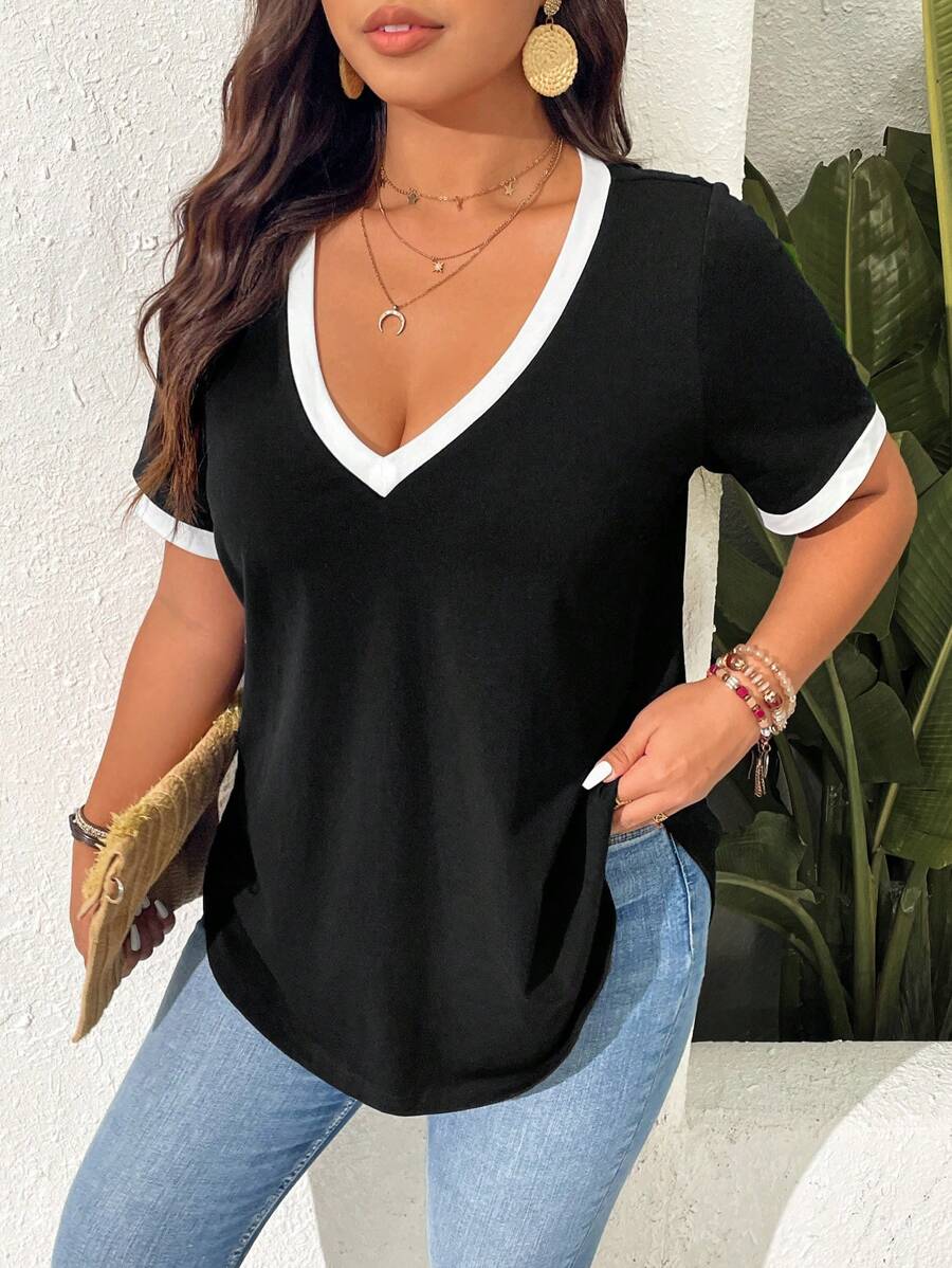 SHEIN Frenchy Plus Size Women V-Neck Short Sleeve Casual T-Shirt