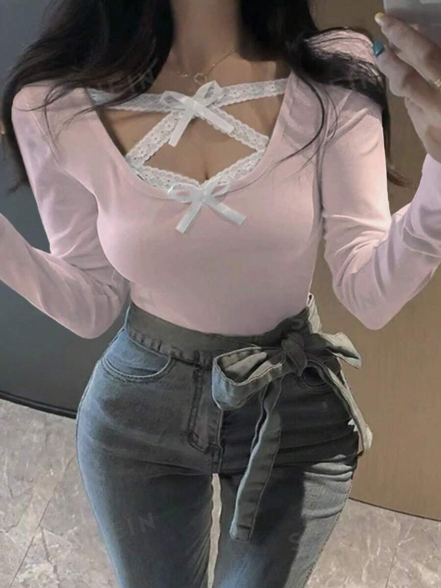 INAWLY Camiseta de manga larga ajustada para mujer con detalles de encaje y lazo en contraste