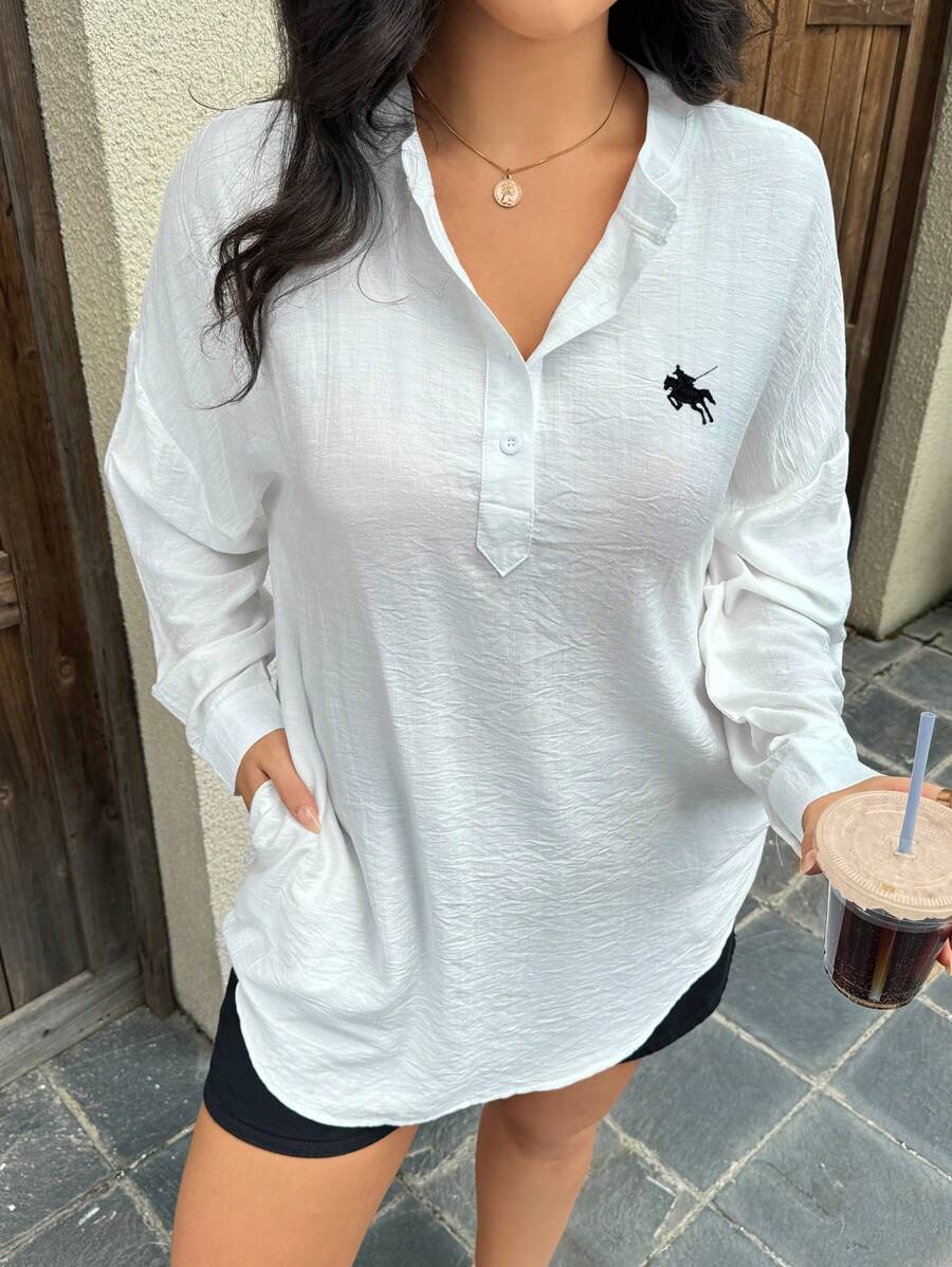 INAWLY Plus Size Casual Veelzijdig Effen Kleur Lange Mouw Shirt
