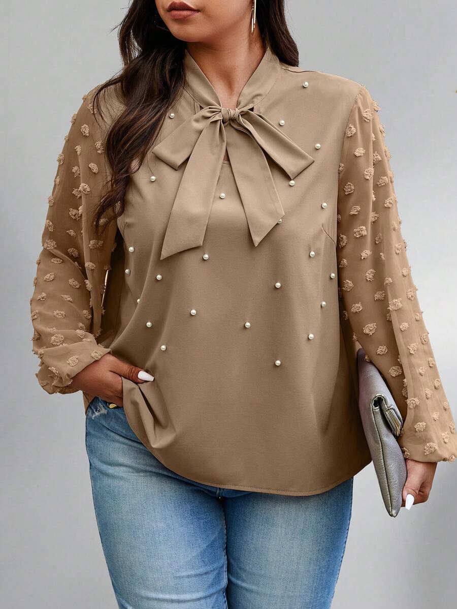 Celure 1pc Women Plus Size Tie Neck Long Sleeve Faux Pearl Elegant Blouse