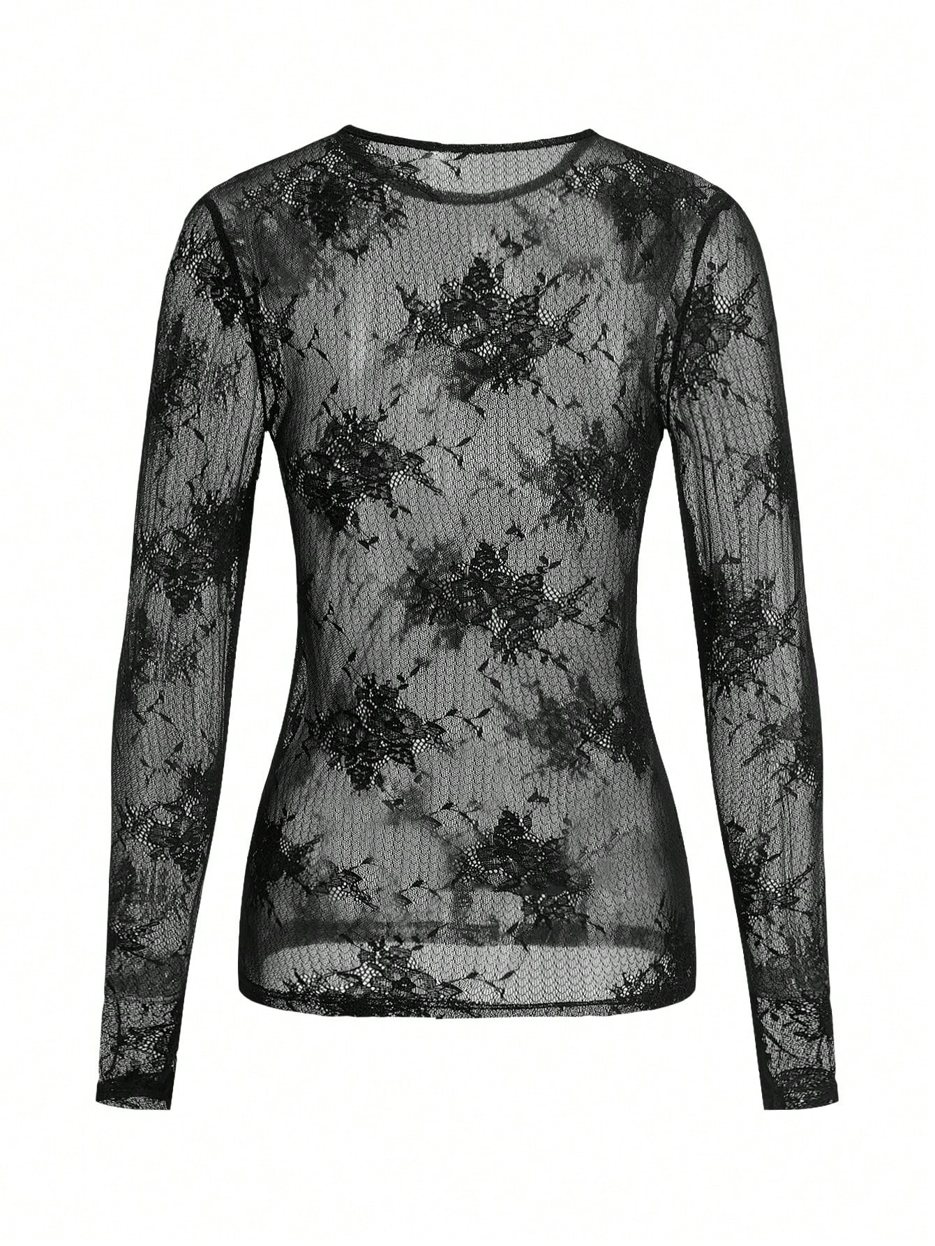 BLACKBLONDの8287 Pierced Sheer Lace Long Sleeve Top 全2色 Riley Sheer Lace Long Sleeve Top - Black | MESHKI US