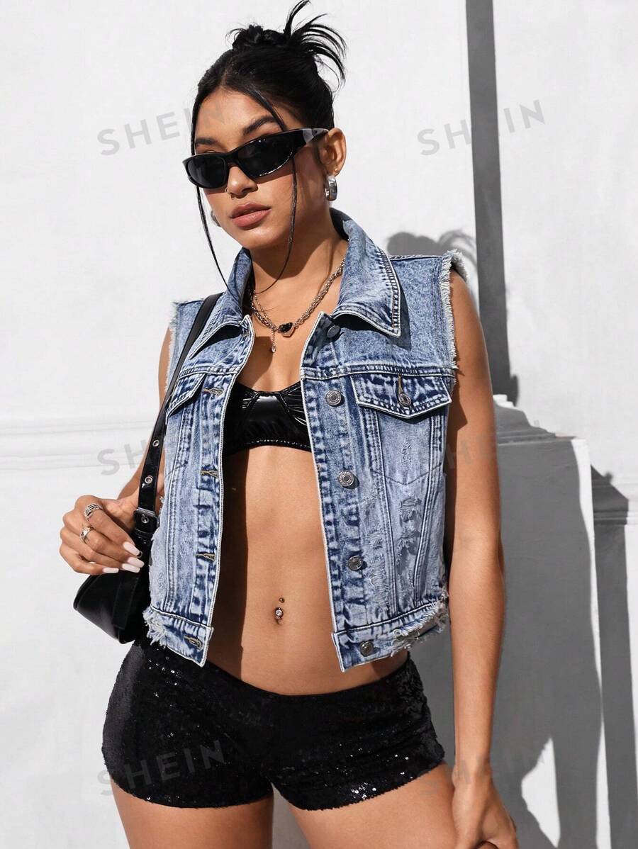 SHEIN EZwear Chaleco vaquero casual desgastado y deshilachado para mujer