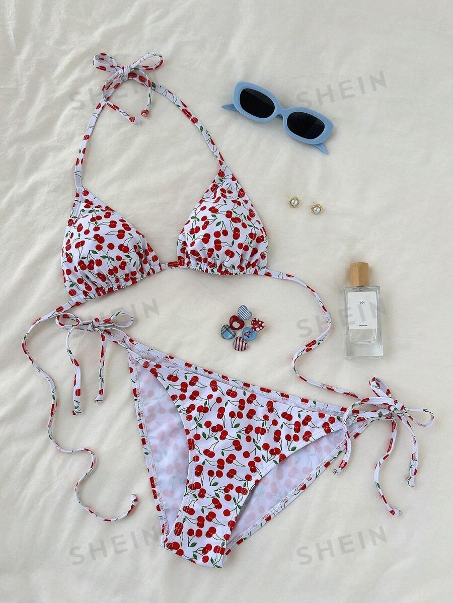 Swim Mod Conjunto de bikini con estampado de cerezas para mujer, ideal para playa y vacaciones