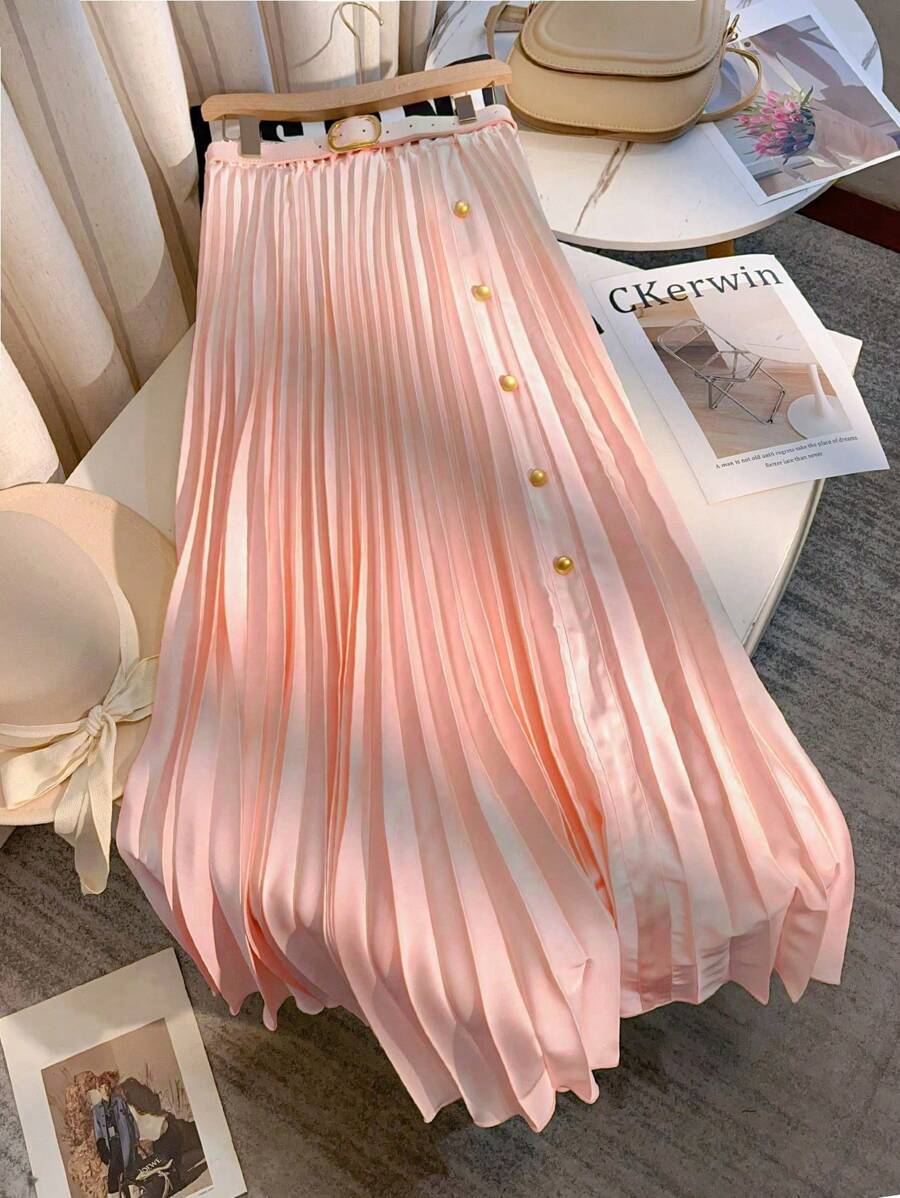 SHEIN Clasi Gonna casual da ufficio in tinta unita con arricciatura in vita e decorazione con fibbia in metallo, taglia standard da donna